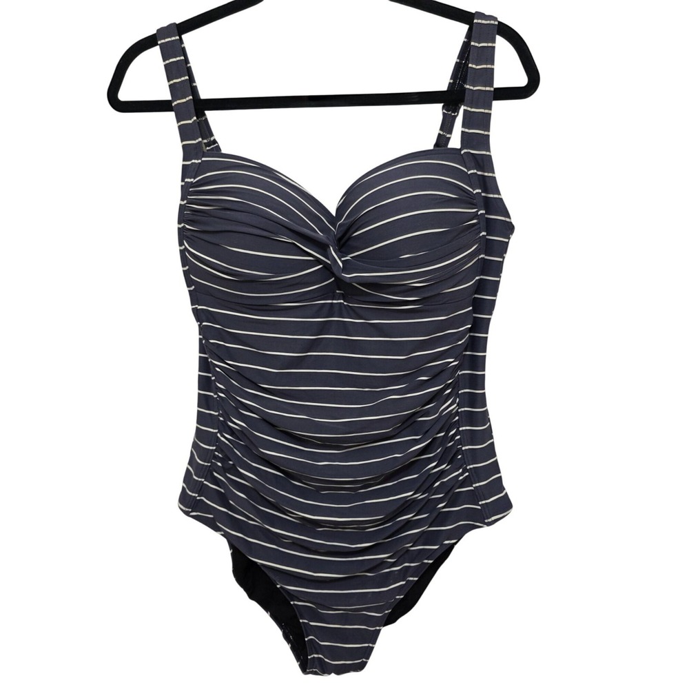 BOND EYE Australia Navy & White Striped One-Piece Swimsuit Ruched Front & Built-